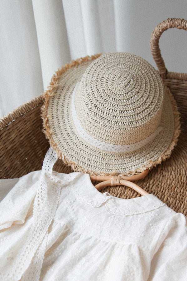 Straw Hat With Cream Crochet Lace Ties