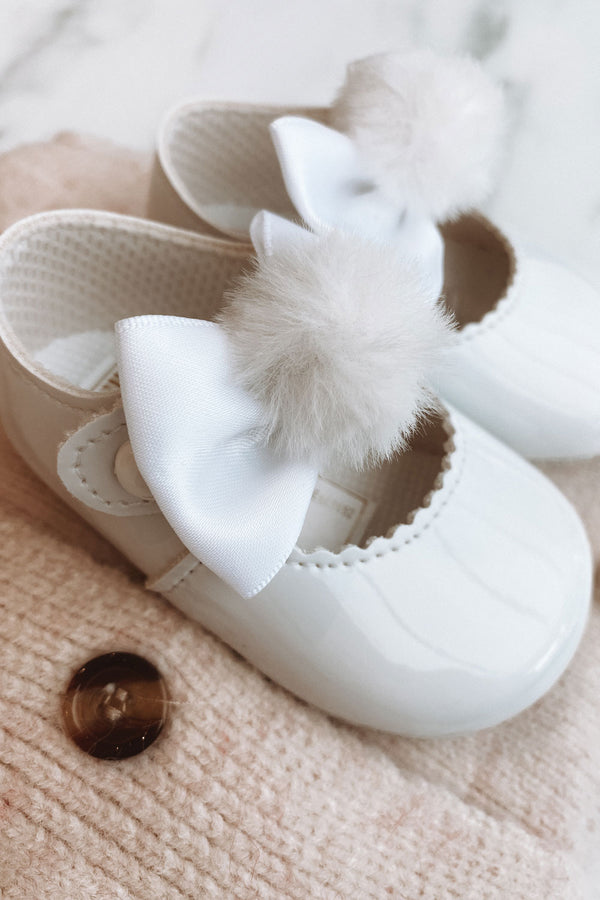 White Bow & Pom Pom Pram Shoes