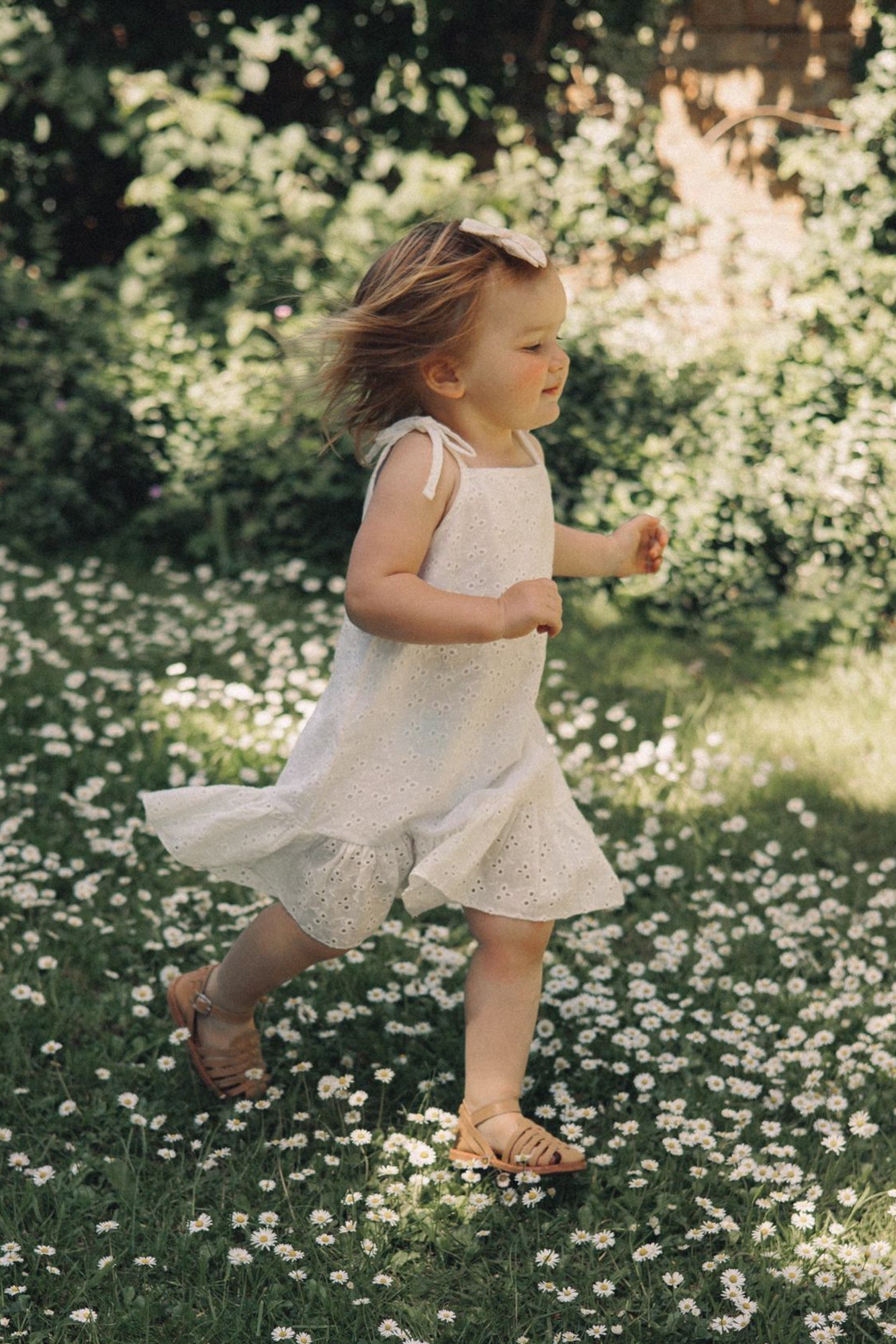 Minnie and Monty Tie Shoulder Frill Dress in White Broderie Anglaise